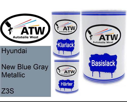 Hyundai, New Blue Gray Metallic, Z3S: 500ml Lackdose + 500ml Klarlack + 250ml Härter - Set, von ATW Autoteile West.